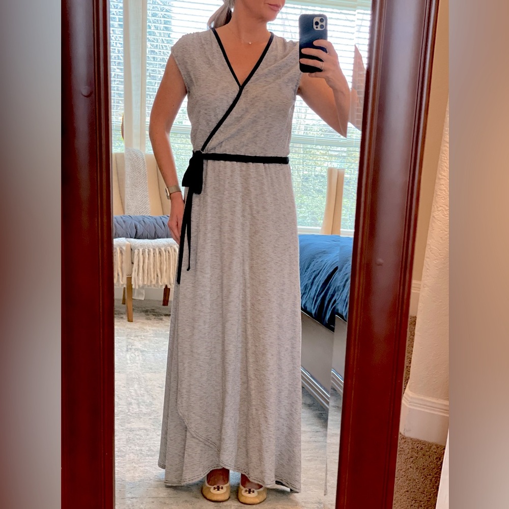 Caslon Navy and White Striped Maxi Wrap Dress - size Petite Small EUC